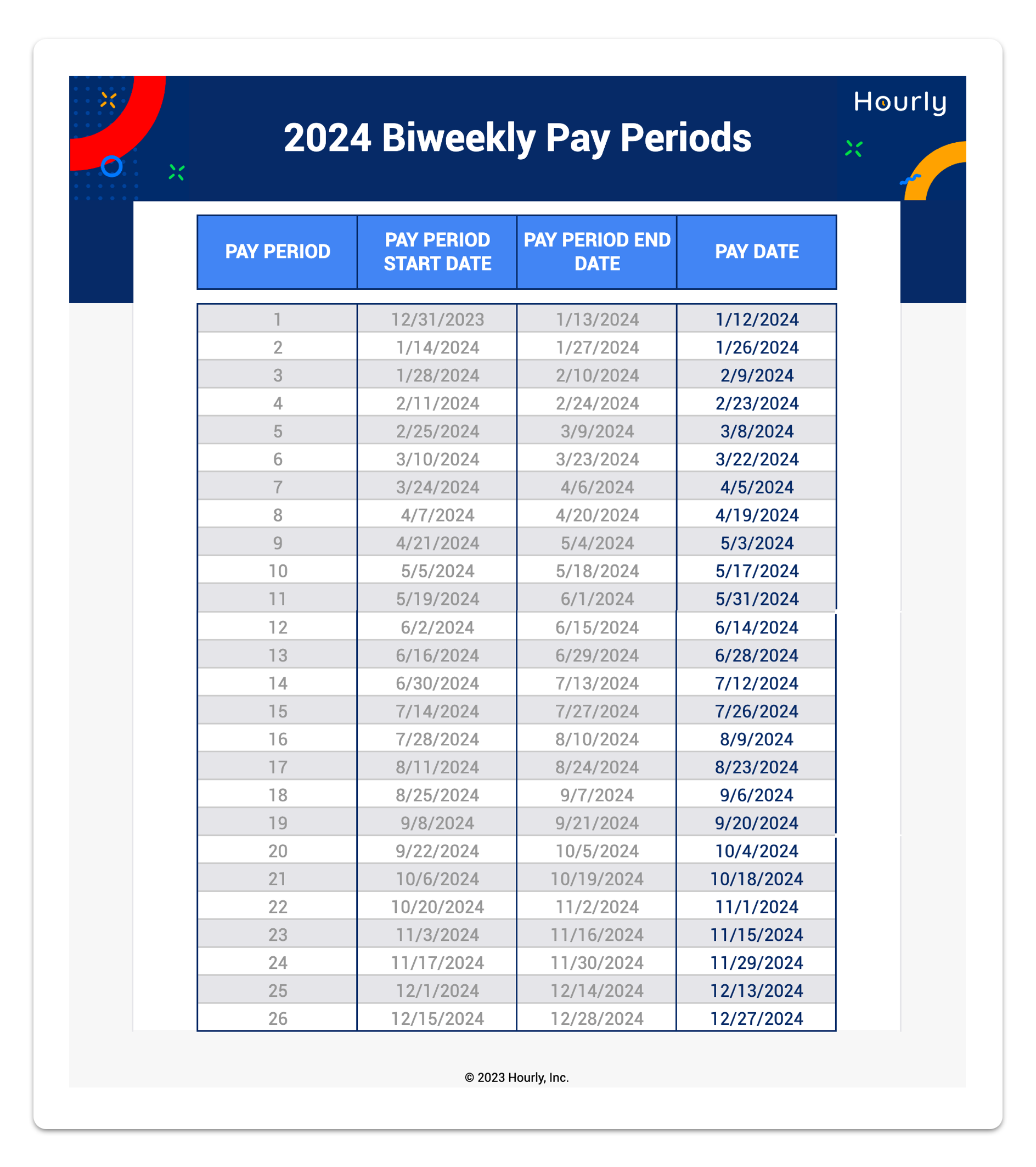 Biweekly pay schedule calendar